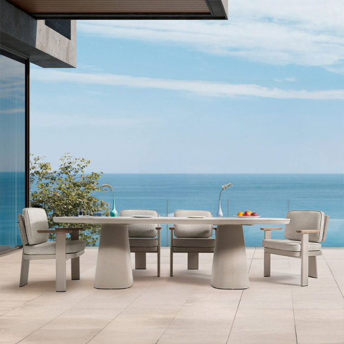 9030, Outdoor Dining Table, Light Brown-White Travertino Romano