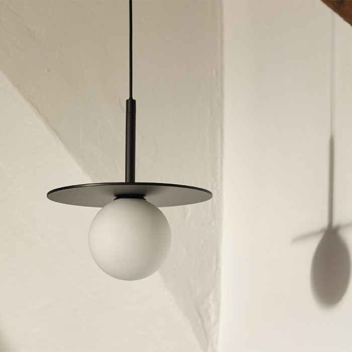 Miro, Pendand Lamp, Matt Black Metal-Opal